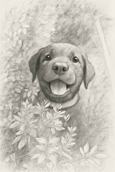 Example image edited by AI that looks like a sketch of a puppy playing between plants.