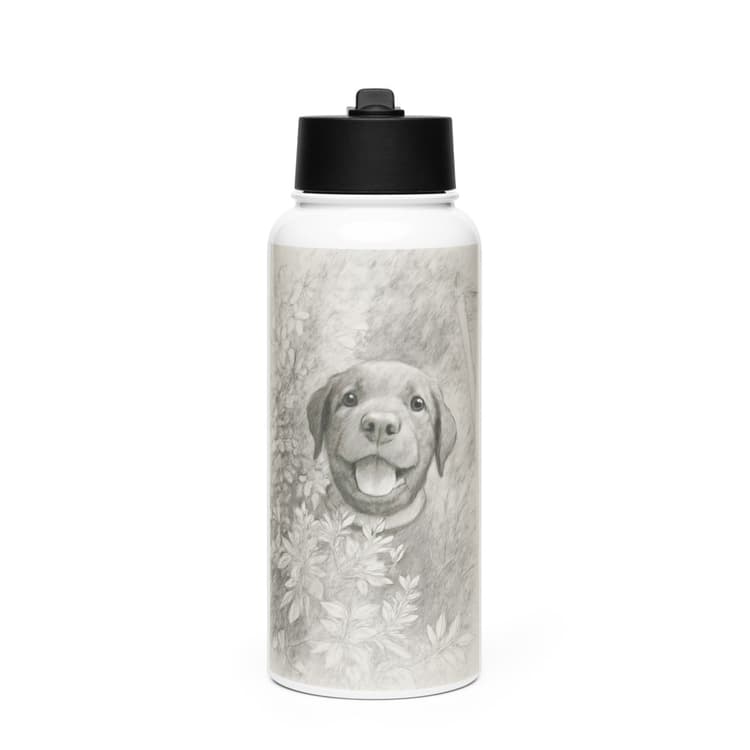 Example image of a water bottle with a printed sketch of a puppy playing between plants.